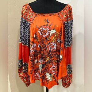 Free People Floral Bohemian Blouse - Orange and Black